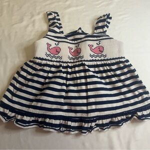 Smocked Auctions Whale Smocked Dress Navy White Stripe 4T Toddler Girls